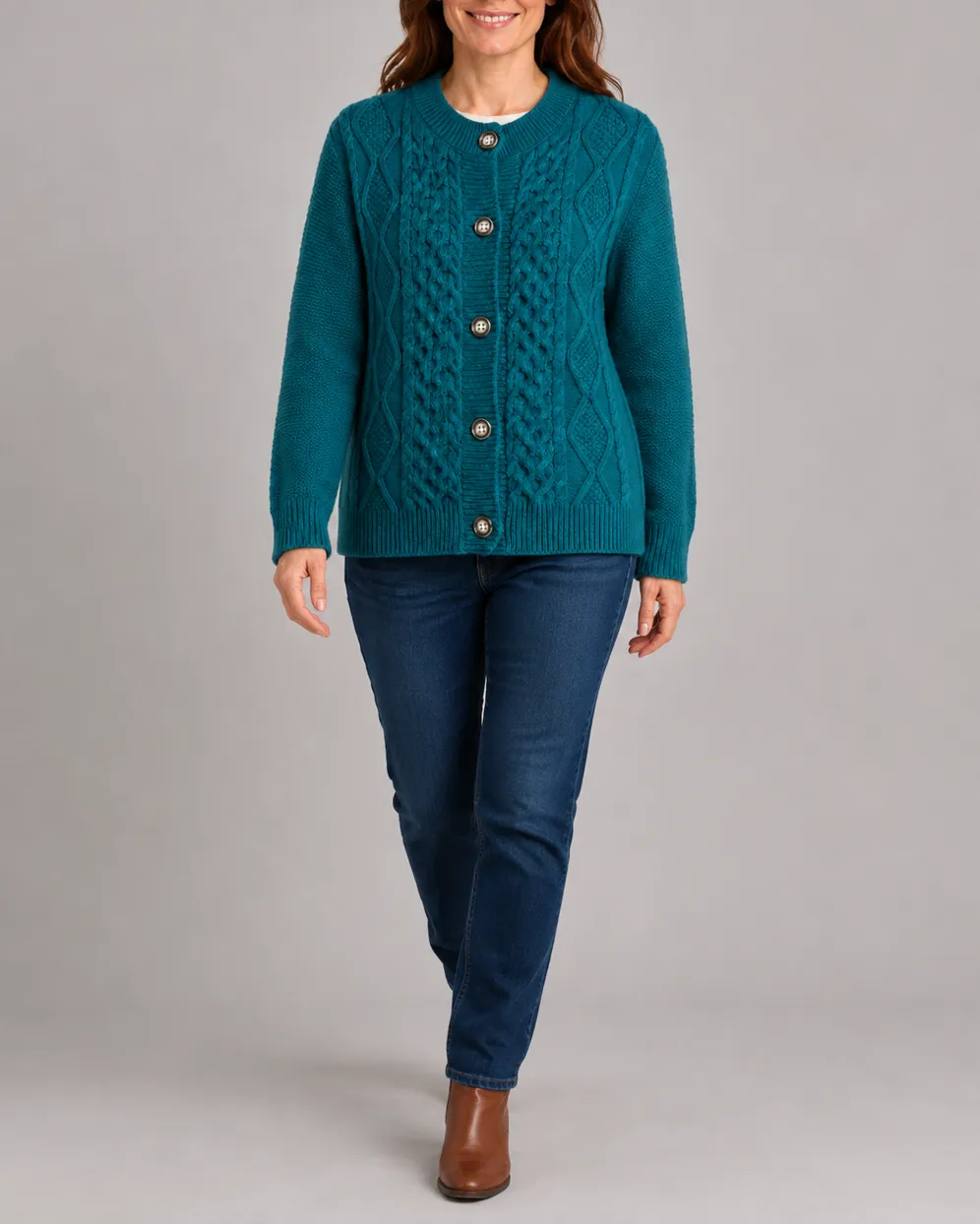 Cable Knit Round Neck Button Front Cardigan