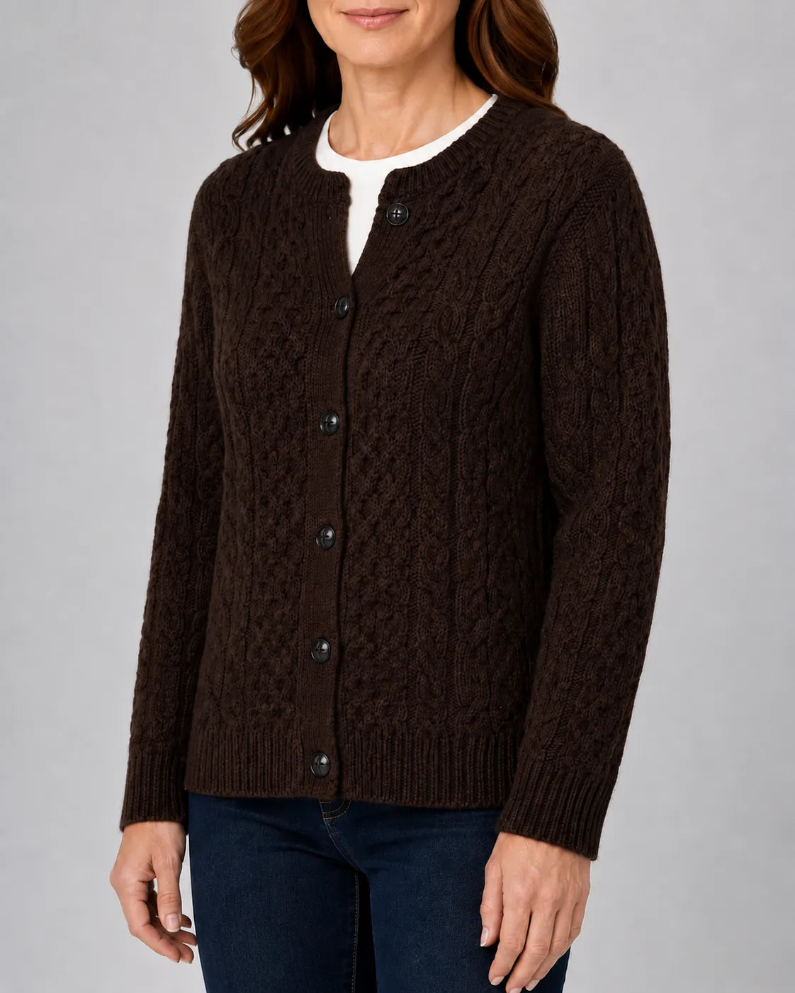 Cable Knit Round Neck Cardigan with Button Front