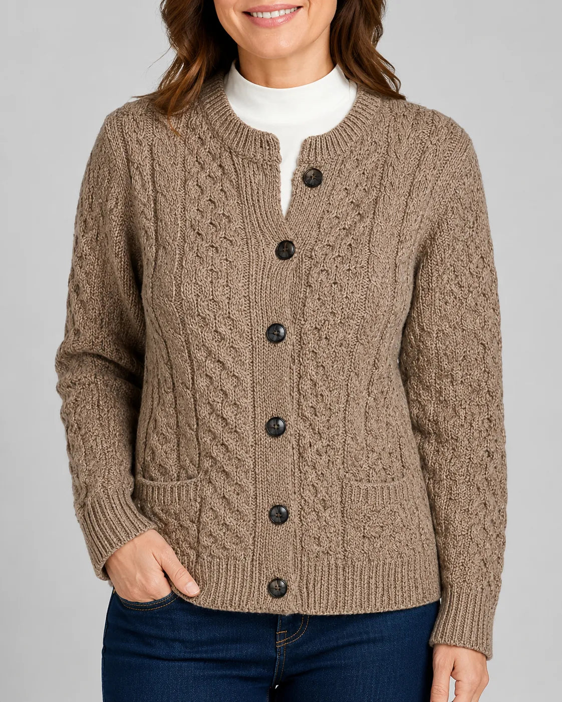 Cable Knit Round Neck Cardigan with Button Front