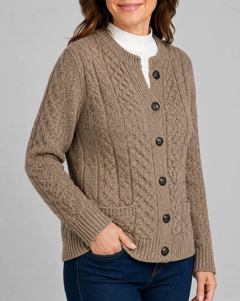 Cable Knit Round Neck Cardigan with Button Front