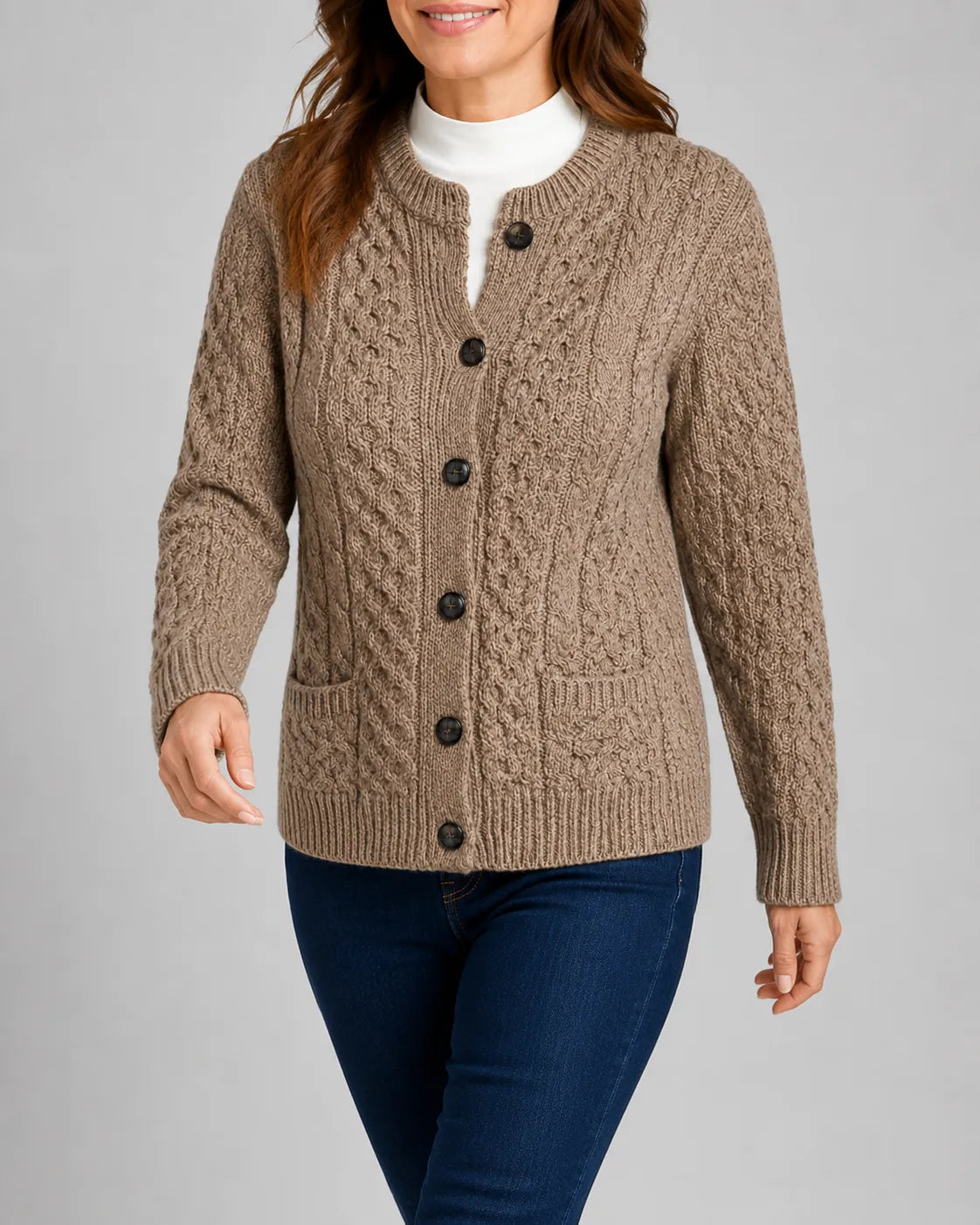 Cable Knit Round Neck Cardigan with Button Front