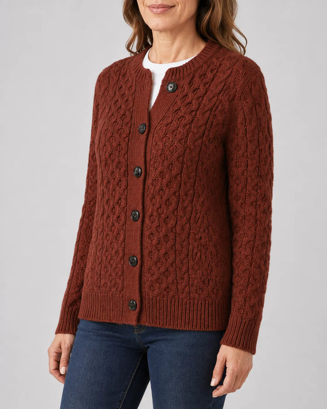 Cable Knit Round Neck Cardigan with Button Front