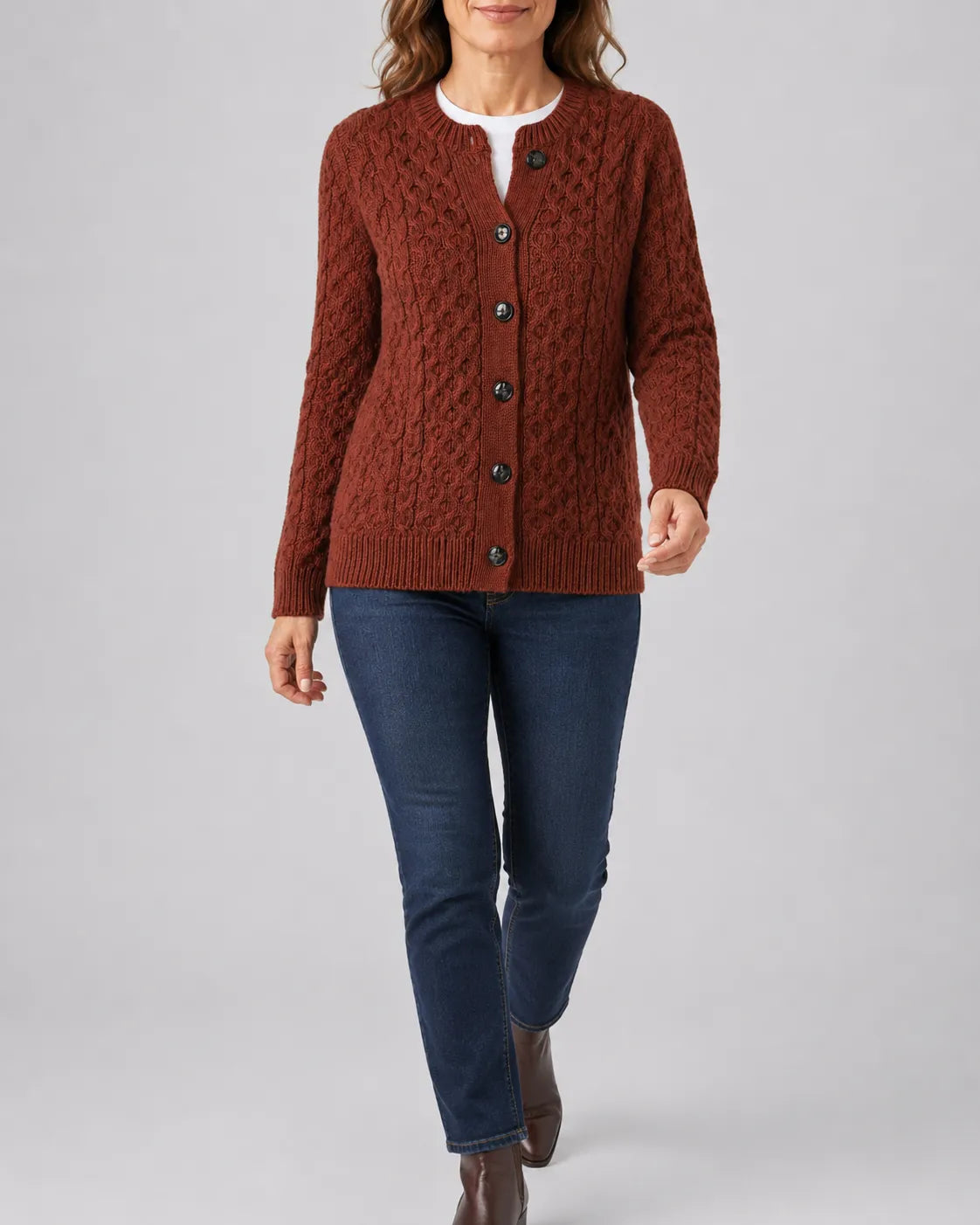 Cable Knit Round Neck Cardigan with Button Front