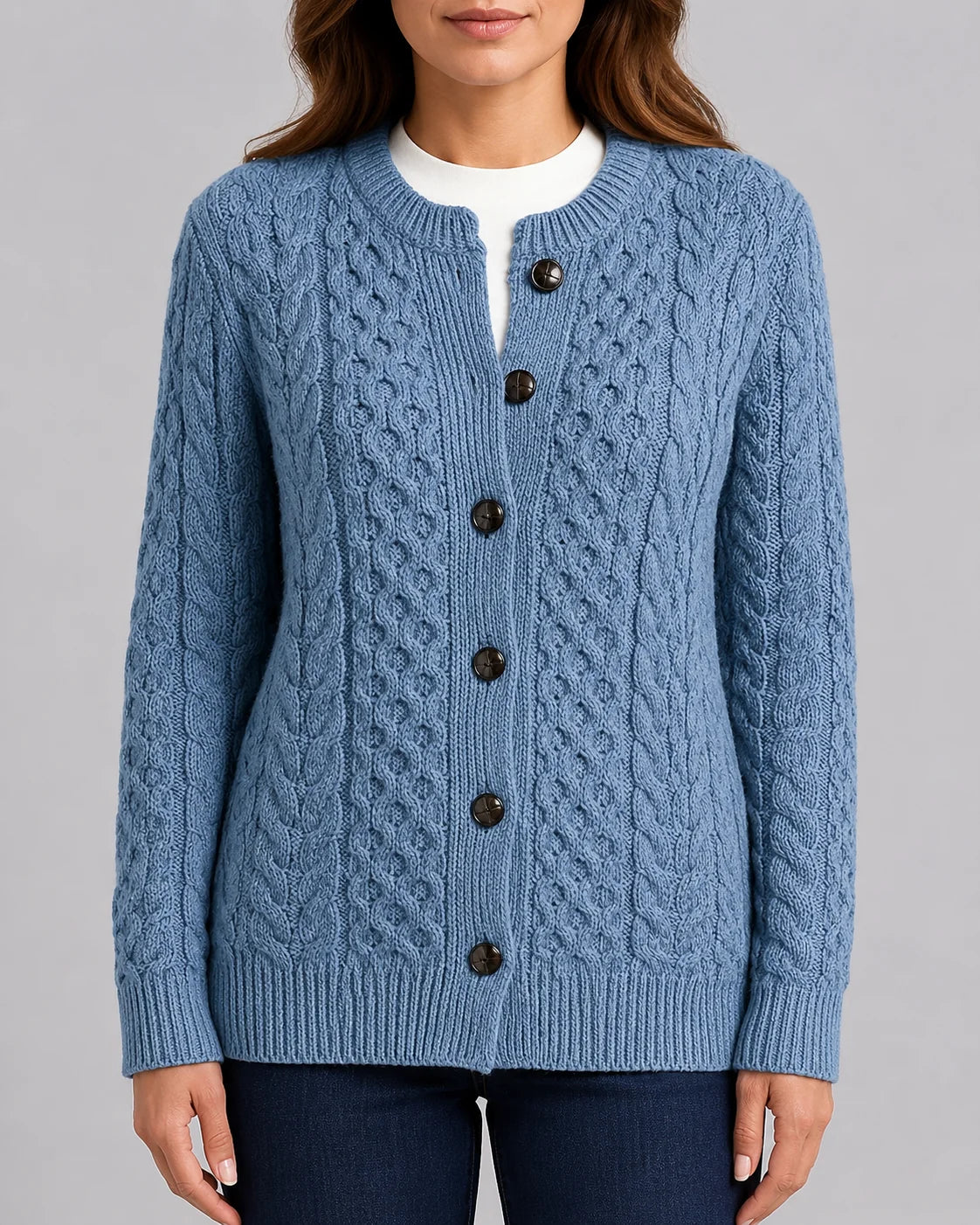 Cable Knit Round Neck Cardigan with Button Front