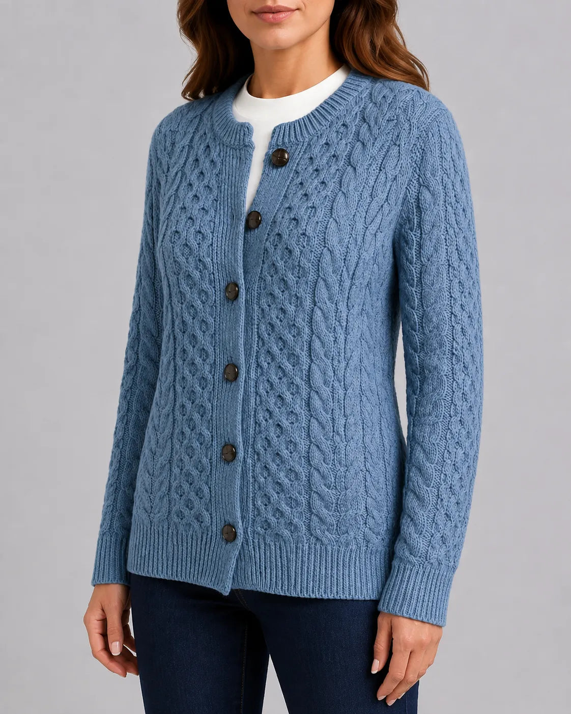 Cable Knit Round Neck Cardigan with Button Front