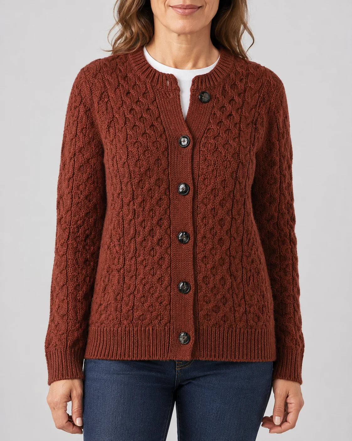 Cable Knit Round Neck Cardigan with Button Front