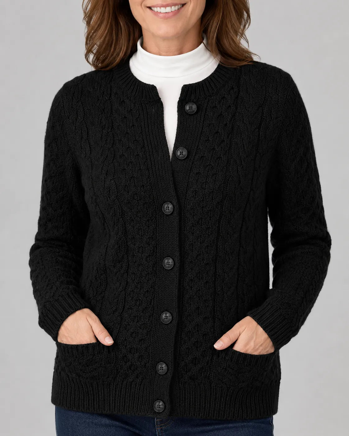 Cable Knit Round Neck Cardigan with Button Front