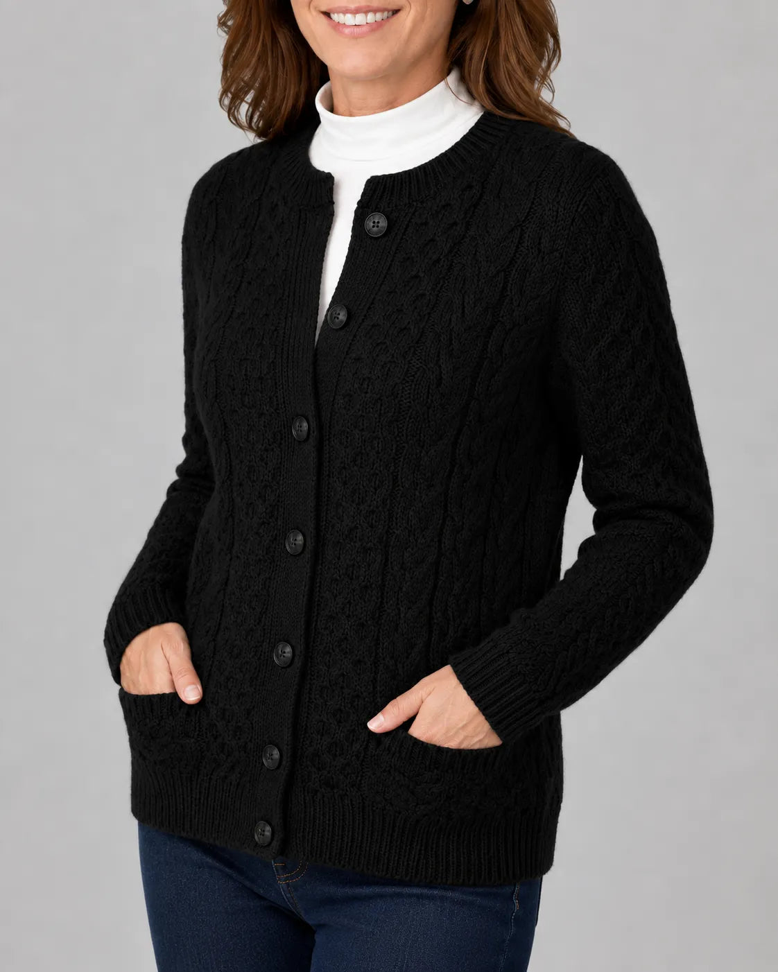 Cable Knit Round Neck Cardigan with Button Front
