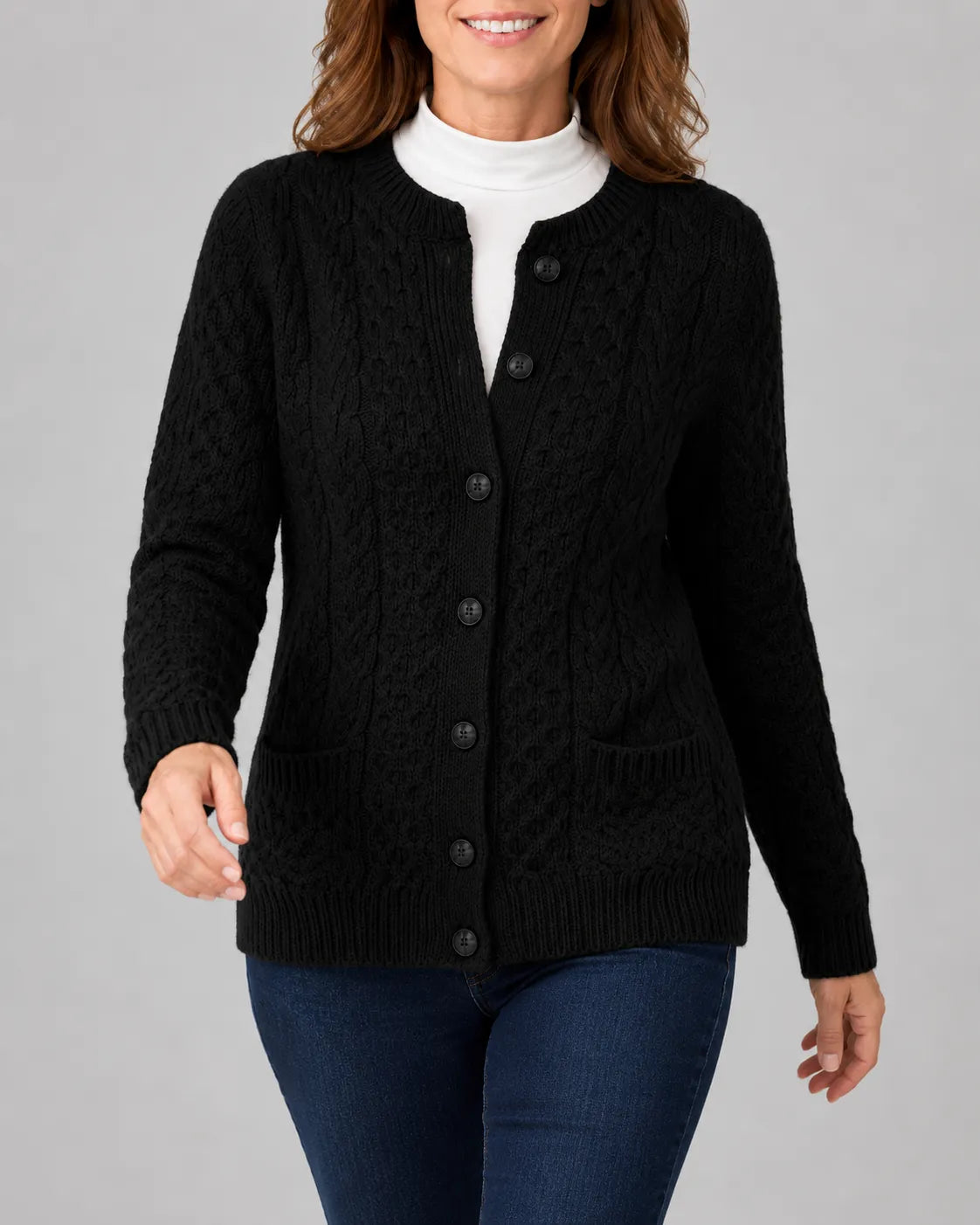 Cable Knit Round Neck Cardigan with Button Front