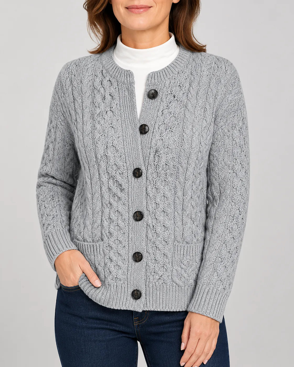 Cable Knit Round Neck Cardigan with Button Front