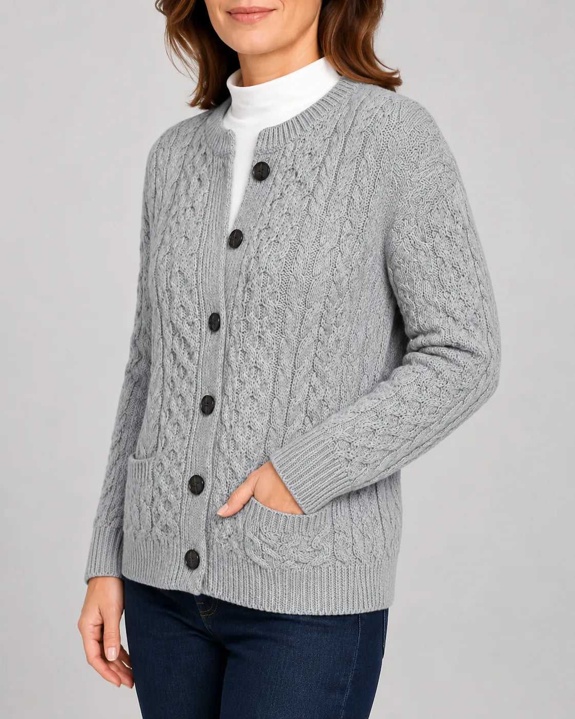 Cable Knit Round Neck Cardigan with Button Front
