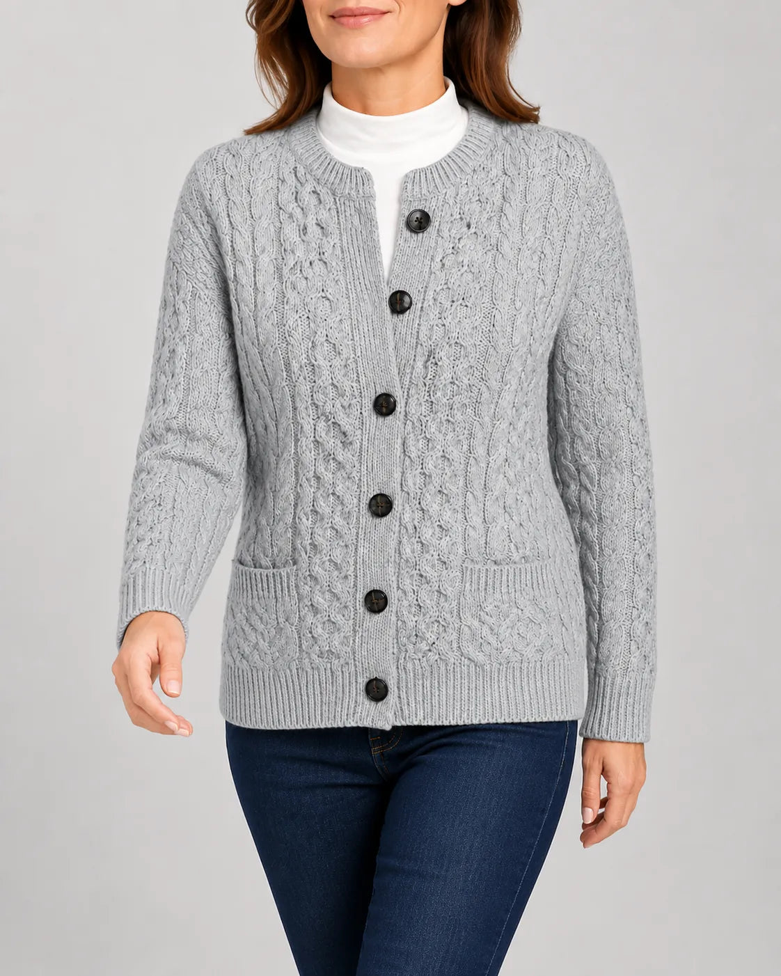 Cable Knit Round Neck Cardigan with Button Front