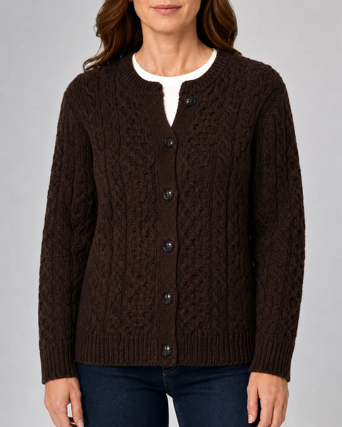 Cable Knit Round Neck Cardigan with Button Front