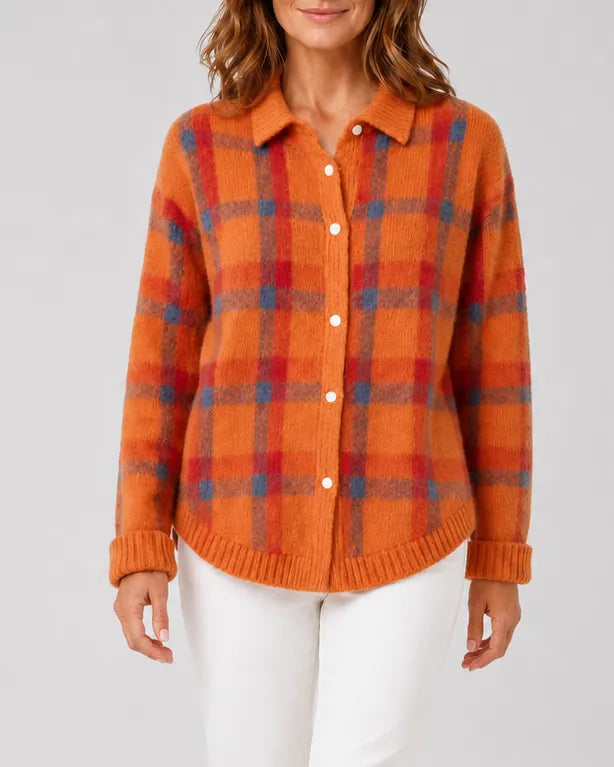 Check Knit Cardigan with Button Front and Collar