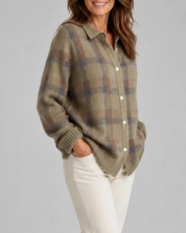 Check Knit Cardigan with Button Front and Collar