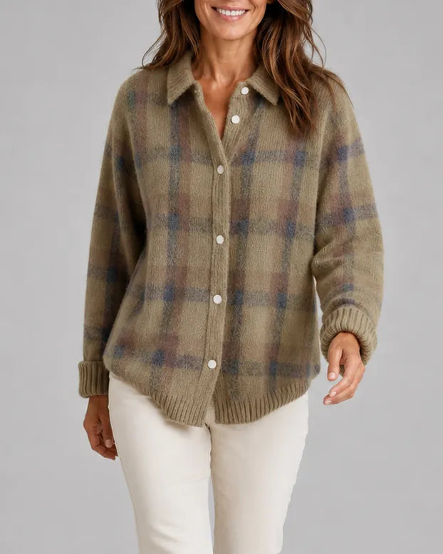 Check Knit Cardigan with Button Front and Collar