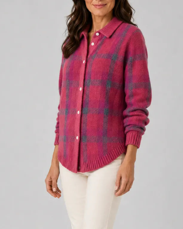 Check Knit Cardigan with Button Front and Collar