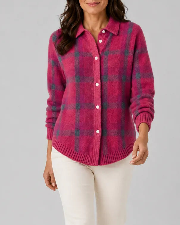 Check Knit Cardigan with Button Front and Collar