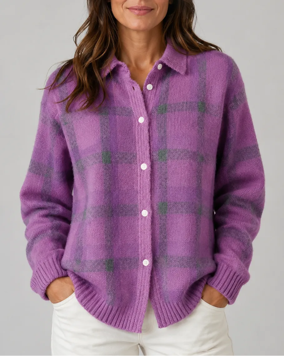 Check Knit Cardigan with Button Front and Collar