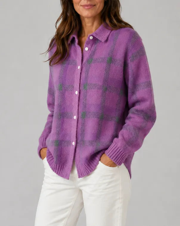 Check Knit Cardigan with Button Front and Collar