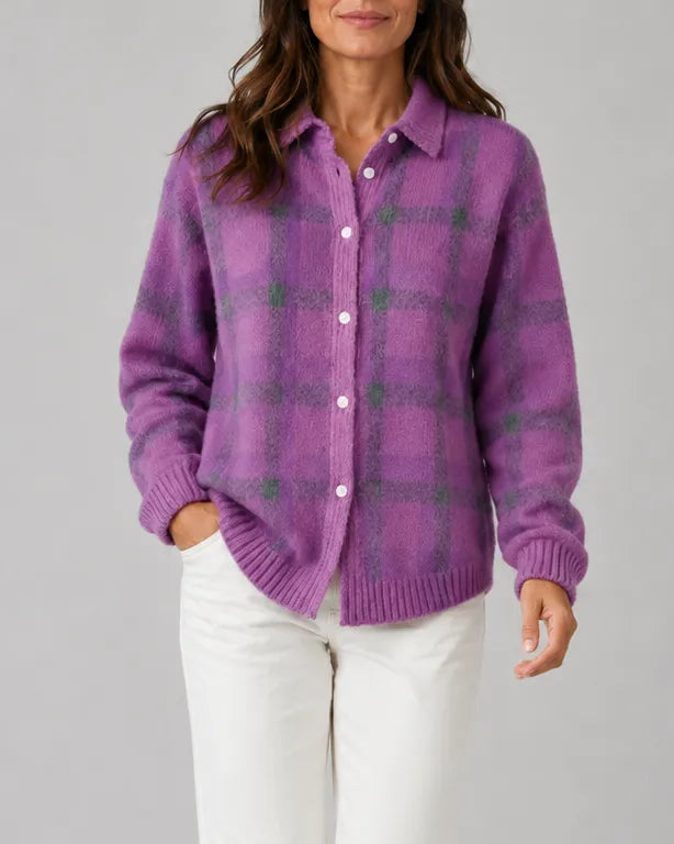 Check Knit Cardigan with Button Front and Collar