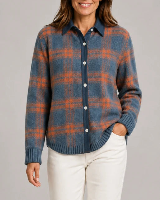 Check Knit Cardigan with Button Front and Collar