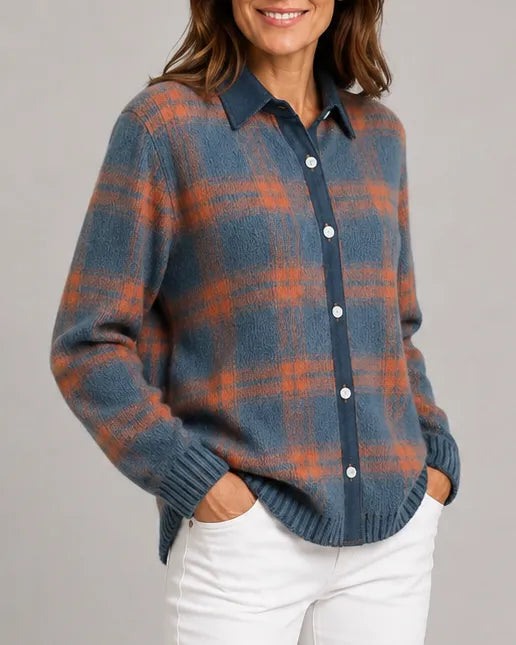 Check Knit Cardigan with Button Front and Collar