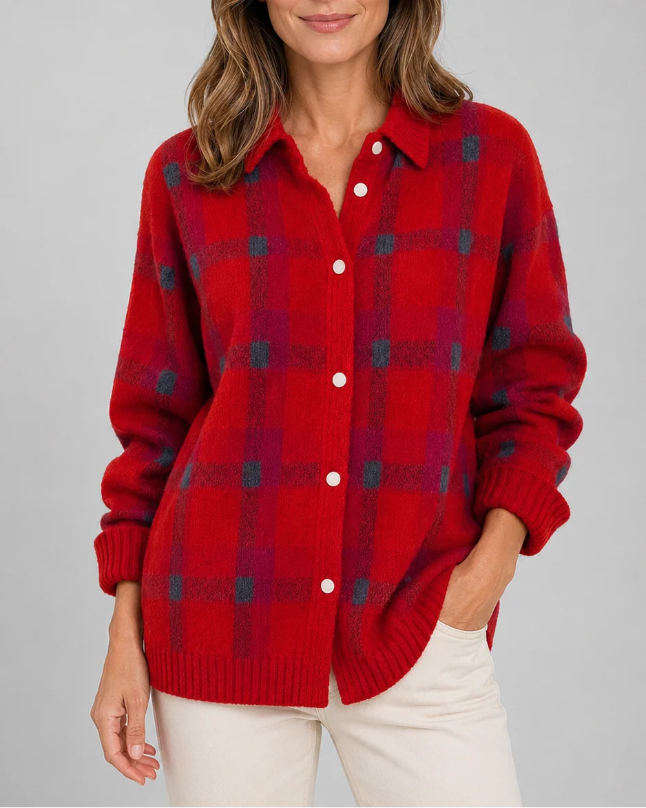 Check Knit Cardigan with Button Front and Collar