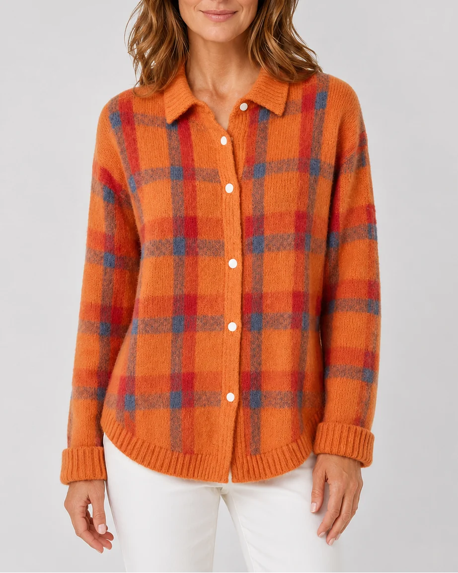 Check Knit Cardigan with Button Front and Collar