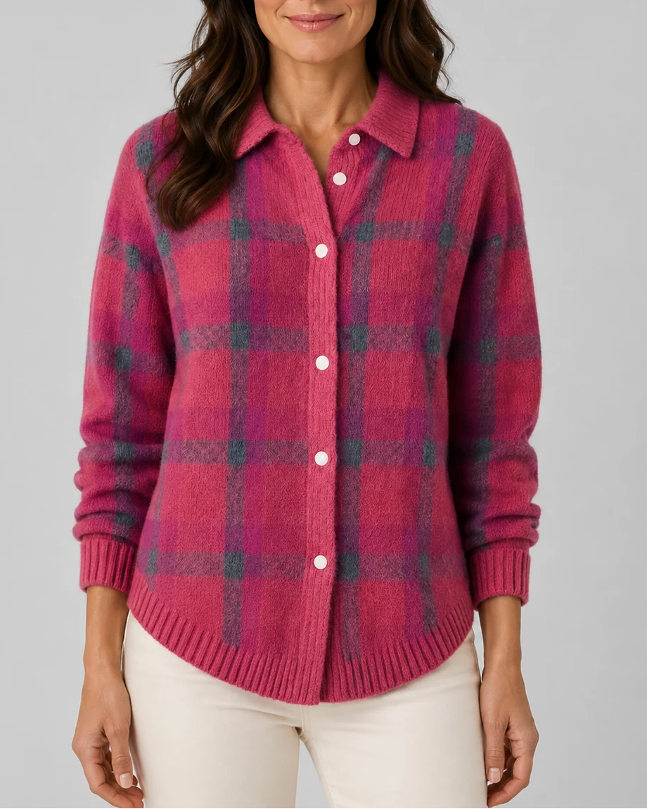Check Knit Cardigan with Button Front and Collar