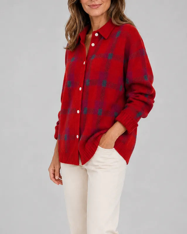 Check Knit Cardigan with Button Front and Collar