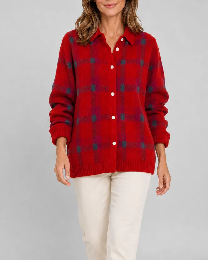 Check Knit Cardigan with Button Front and Collar