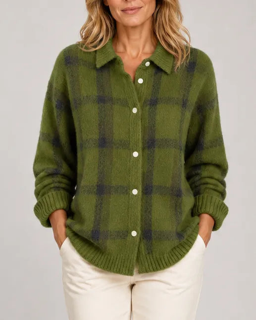 Check Knit Cardigan with Button Front and Collar
