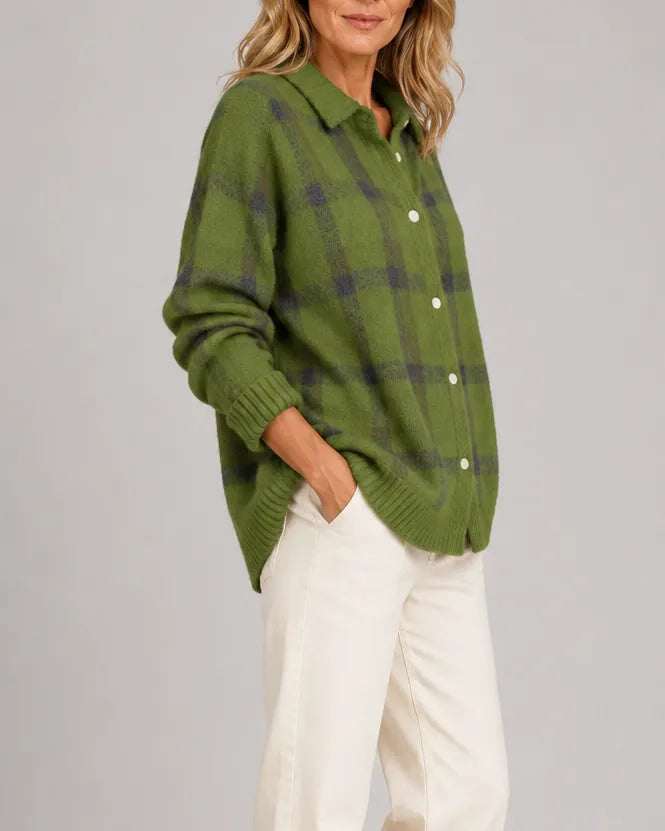 Check Knit Cardigan with Button Front and Collar