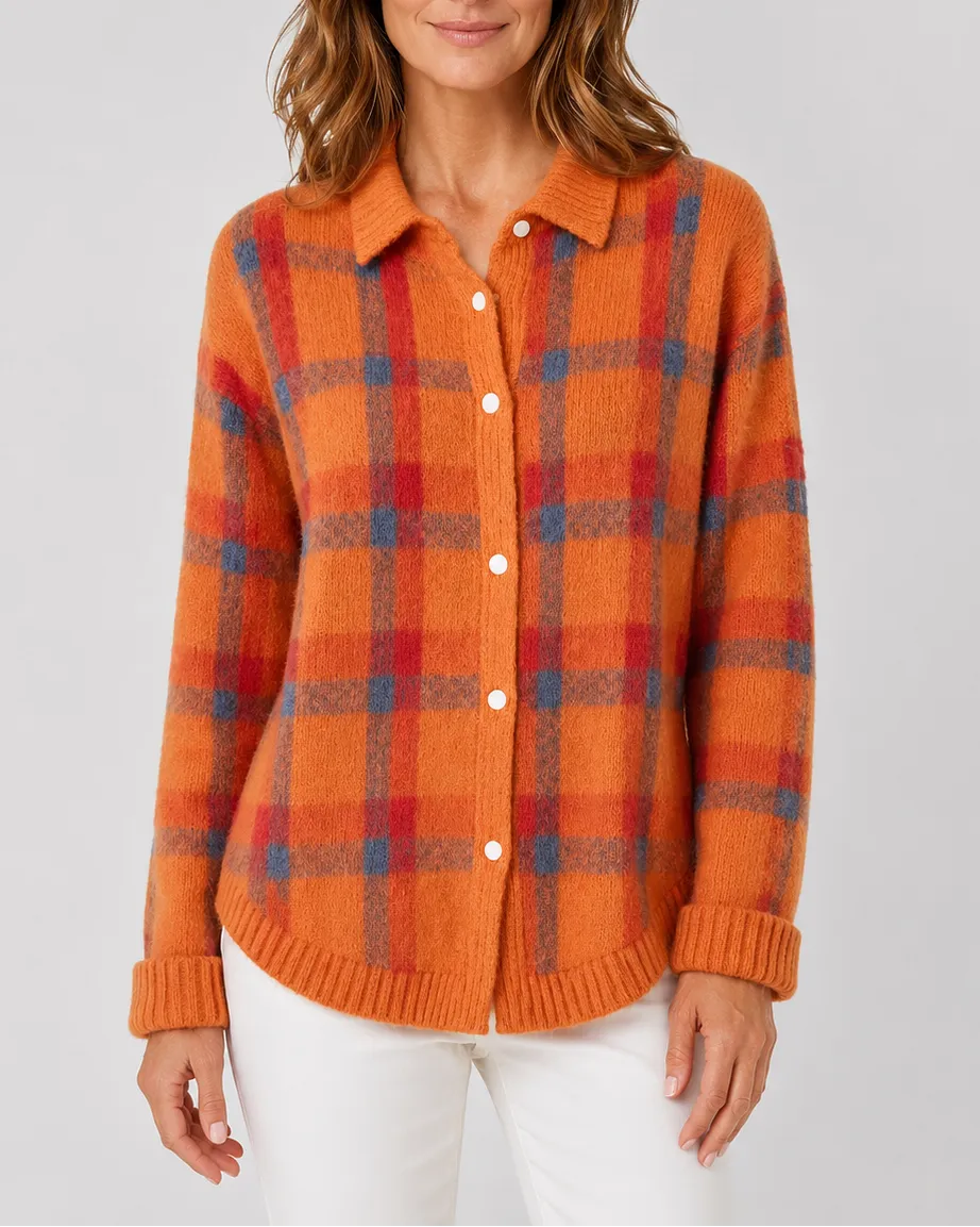 Check Knit Cardigan with Button Front and Collar