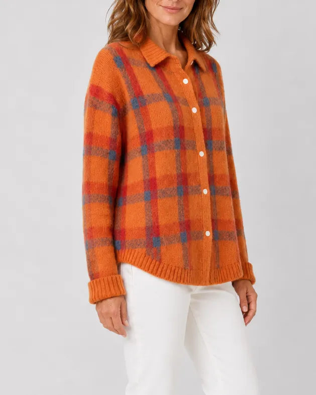 Check Knit Cardigan with Button Front and Collar