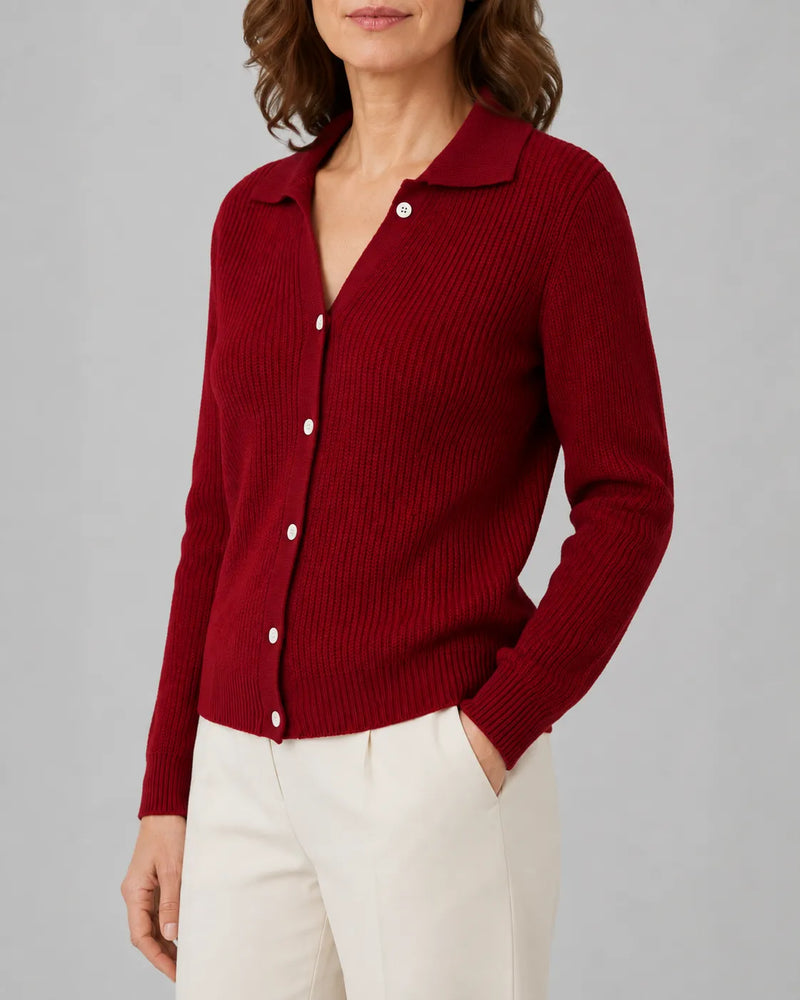 Collared Ribbed Knit Cardigan with Button Front