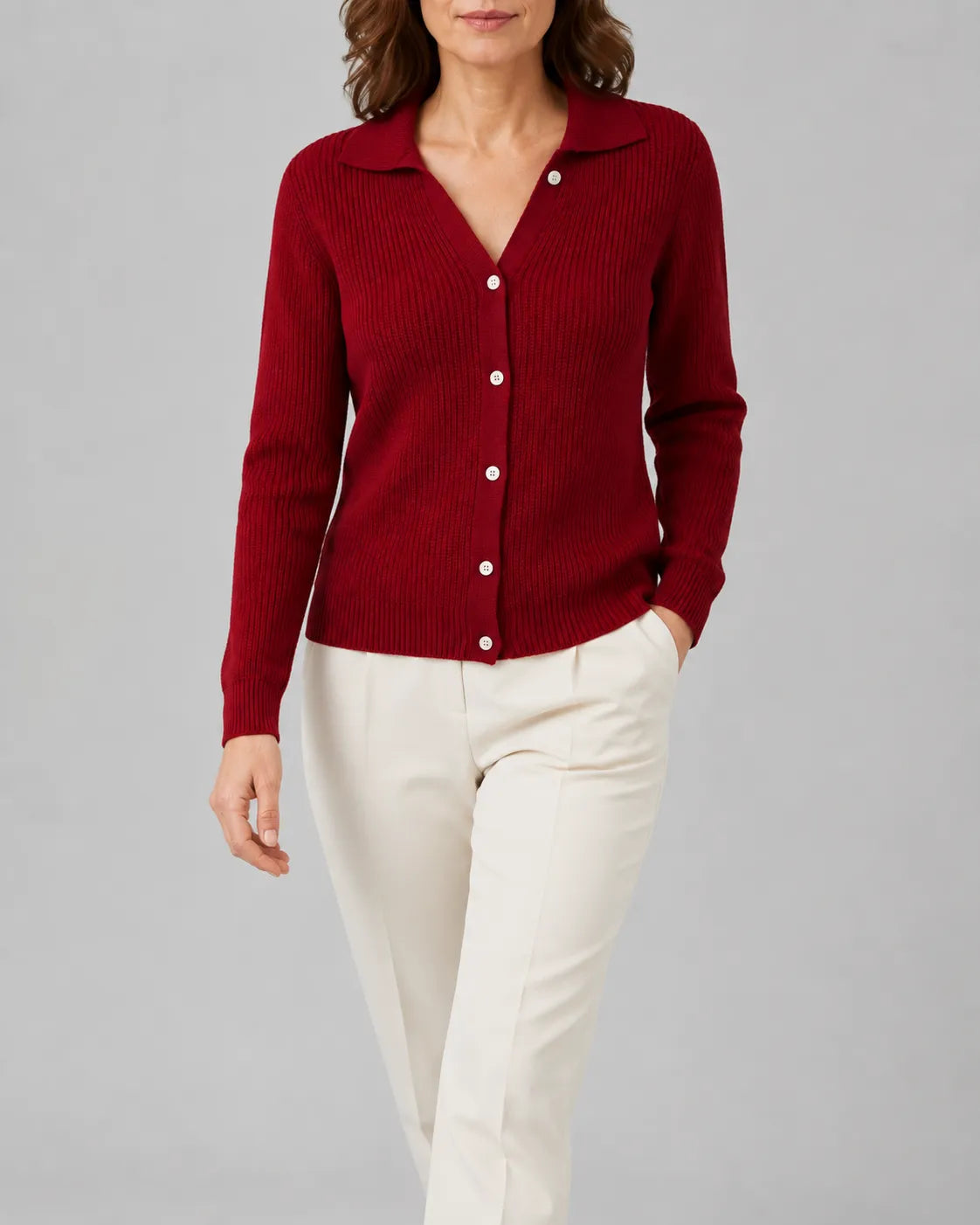 Collared Ribbed Knit Cardigan with Button Front