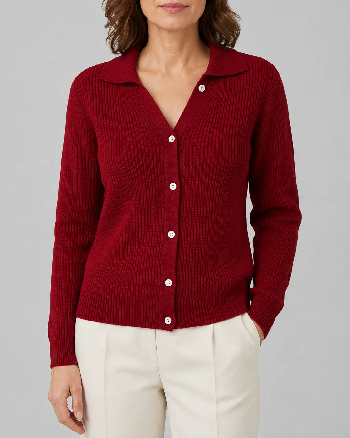 Collared Ribbed Knit Cardigan with Button Front