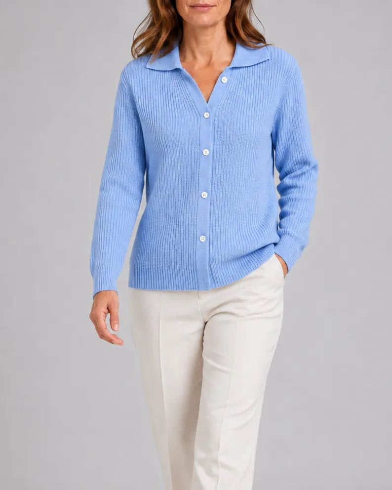 Collared Ribbed Knit Cardigan with Button Front