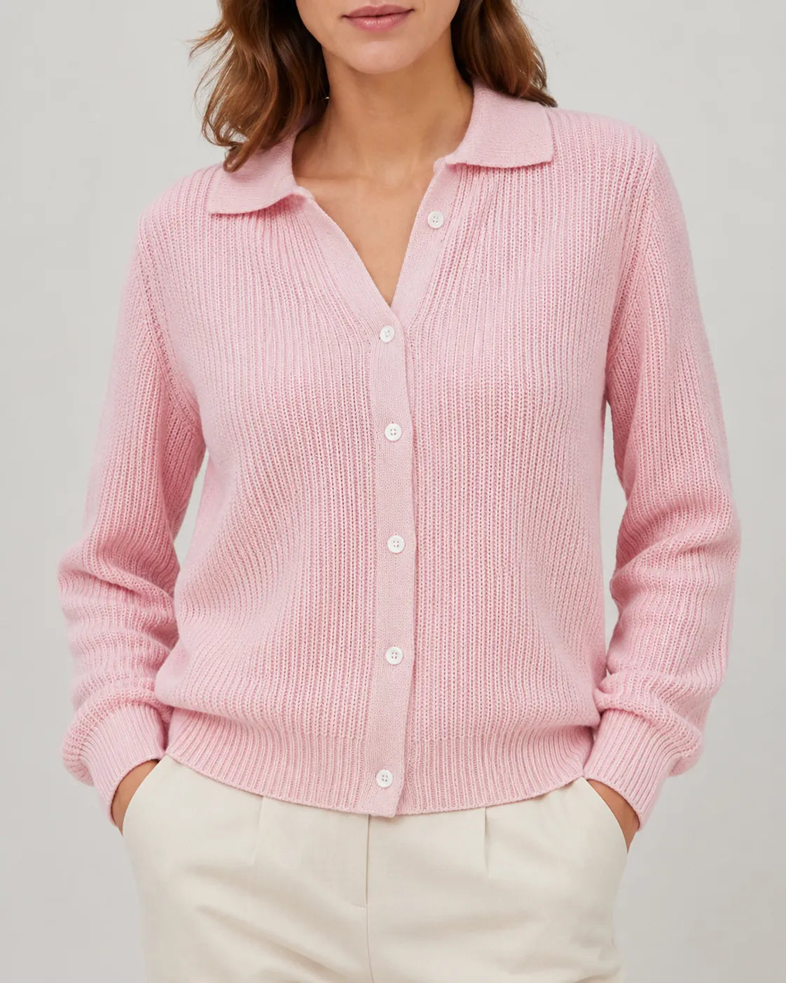 Collared Ribbed Knit Cardigan with Button Front