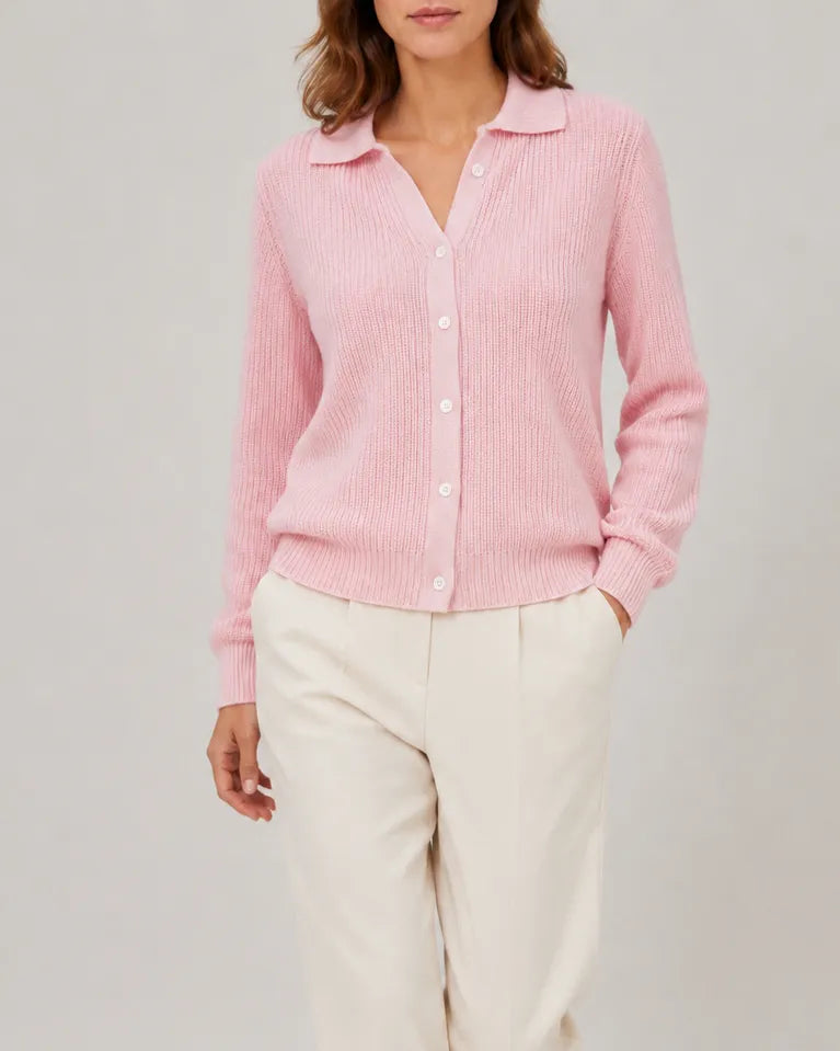Collared Ribbed Knit Cardigan with Button Front
