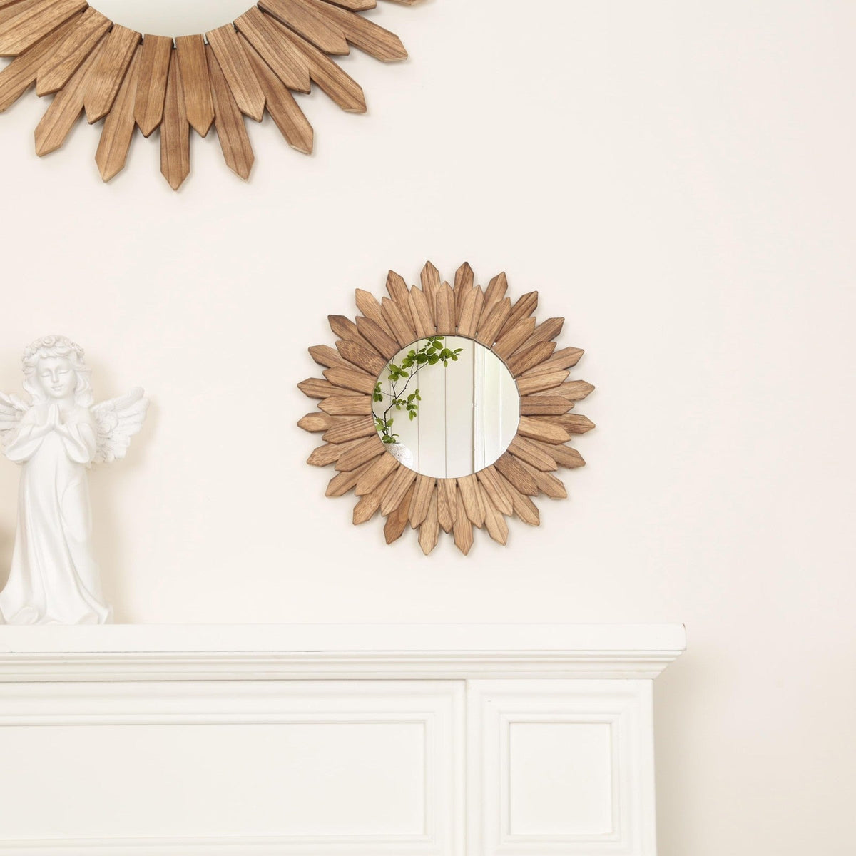 Wall Decor 12 Inch Rustic round Wood Mirror Decorative Boho Sunburst Home