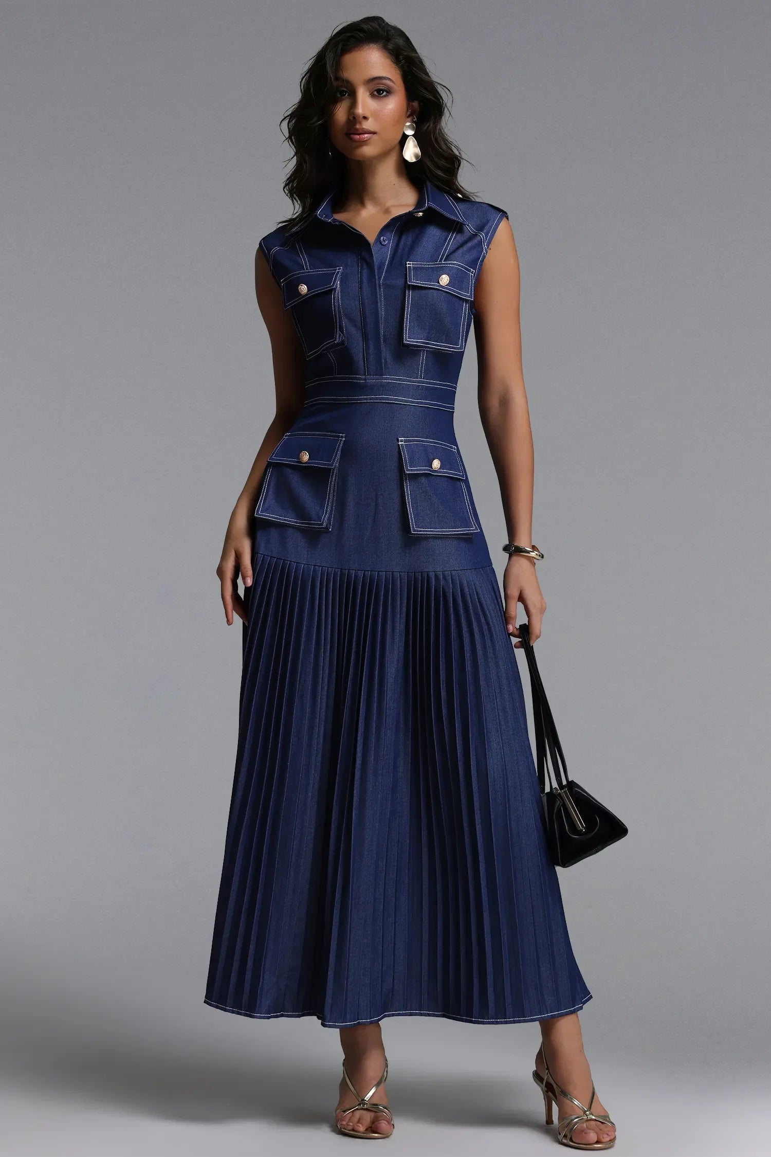 Daily Jouy Women's Sleeveless Pleated Denim Maxi Dress Blue