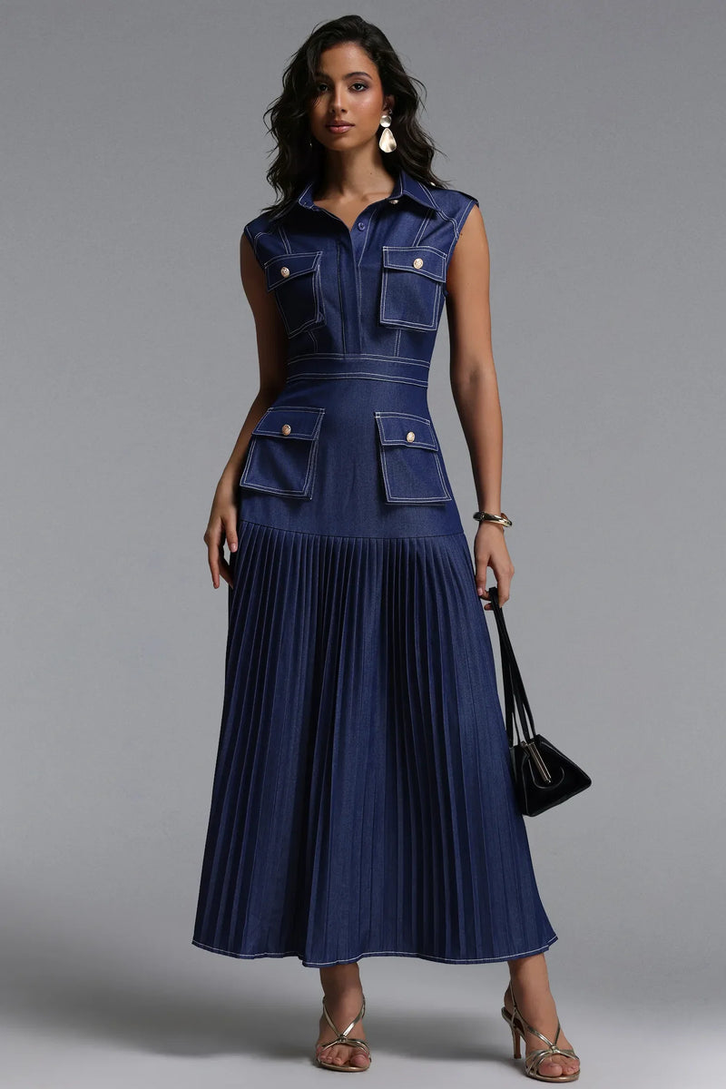 Daily Jouy Women's Sleeveless Pleated Denim Maxi Dress Blue