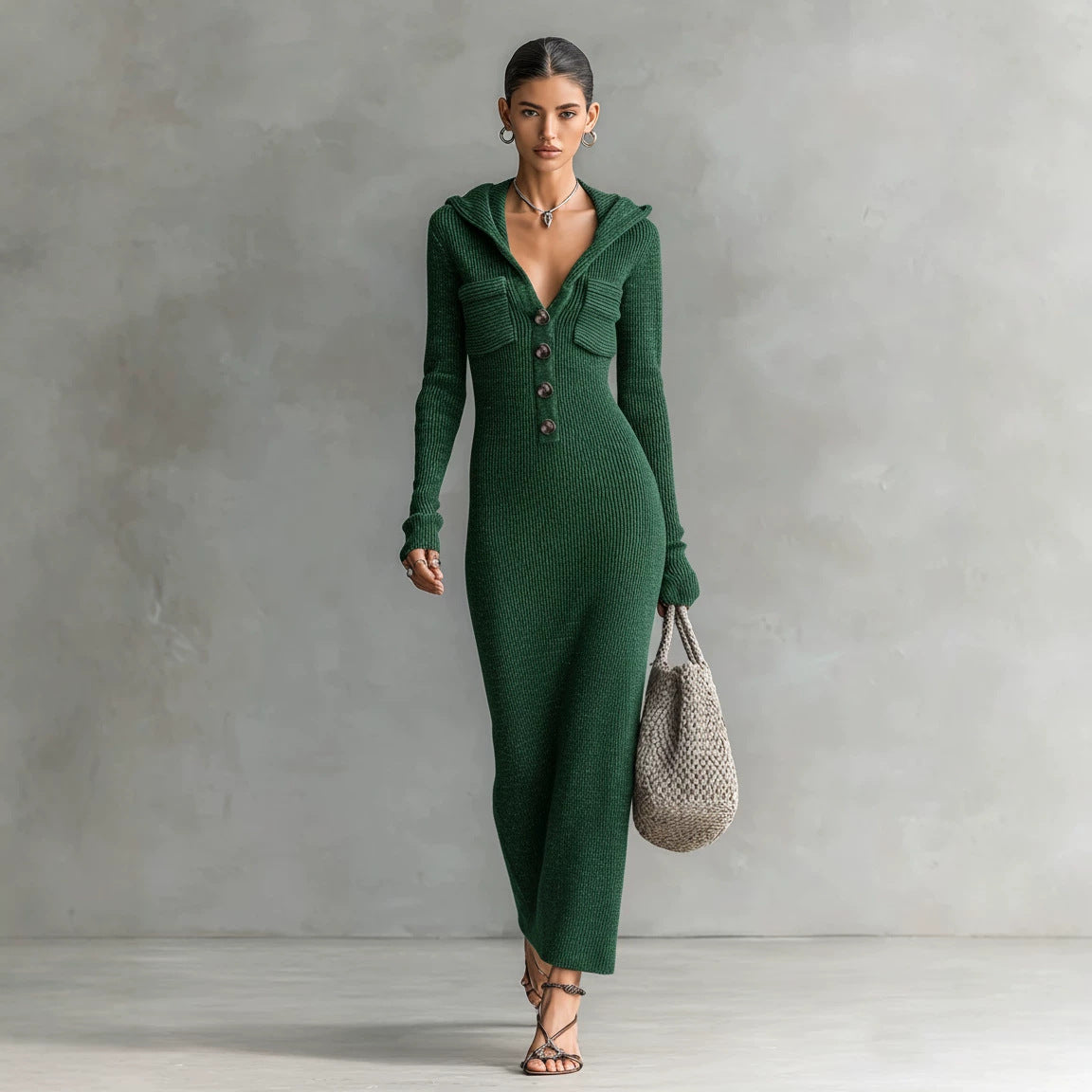 Womens Slim-Fit Half-Neck Hooded Knitted Sweater Dress | Serene Collection