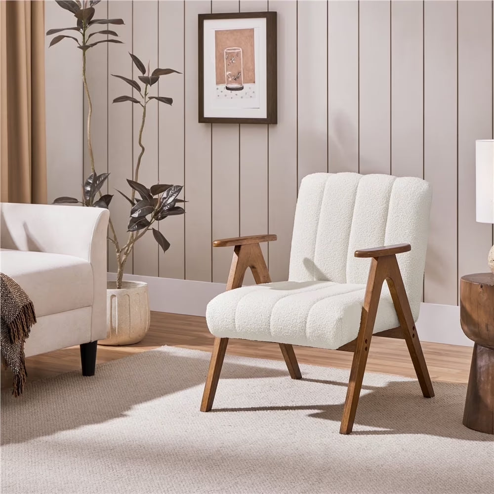 Mid Century Modern Boucle Upholstered Accent Chair with Solid Wood Legs, White