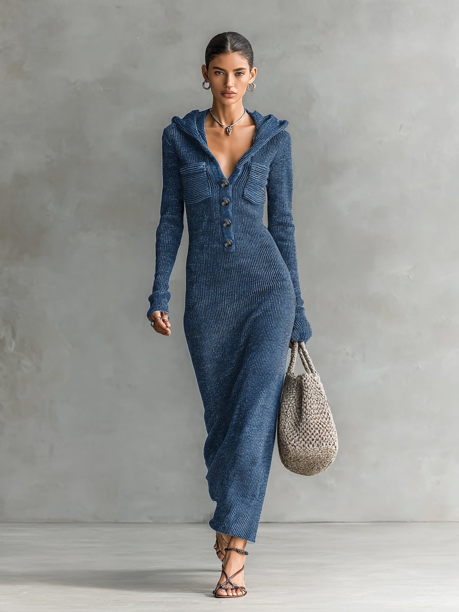 Womens Slim-Fit Half-Neck Hooded Knitted Sweater Dress | Serene Collection