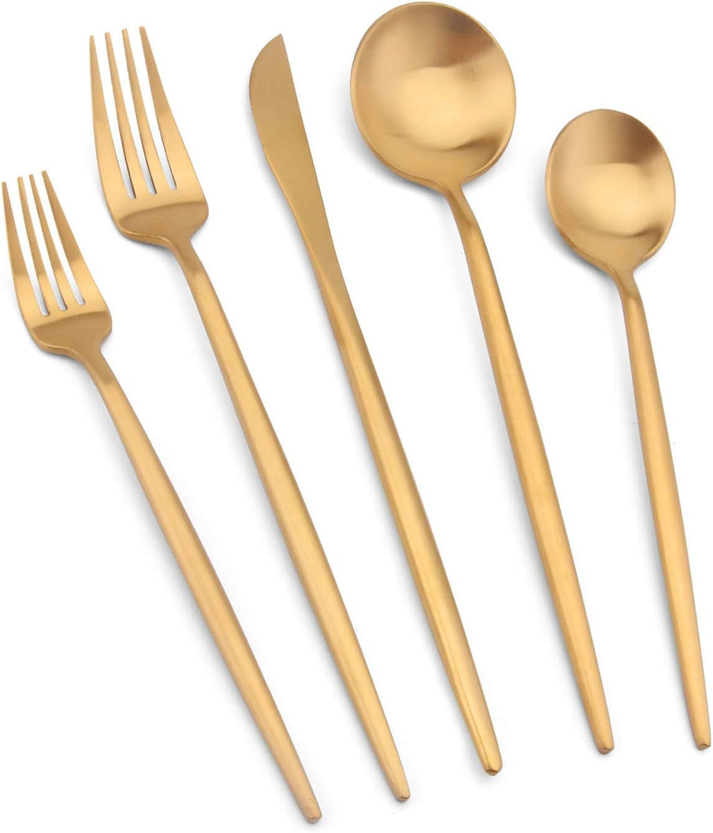 Matte Gold Silverware Set,  20 Piece Stainless Steel Cutlery Flatware Set, Kitchen Utensil Sets for 4, Tableware with Knife Spoons and Forks Set, Satin Finished Polished