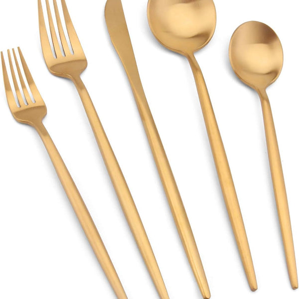 Matte Gold Silverware Set,  20 Piece Stainless Steel Cutlery Flatware Set, Kitchen Utensil Sets for 4, Tableware with Knife Spoons and Forks Set, Satin Finished Polished
